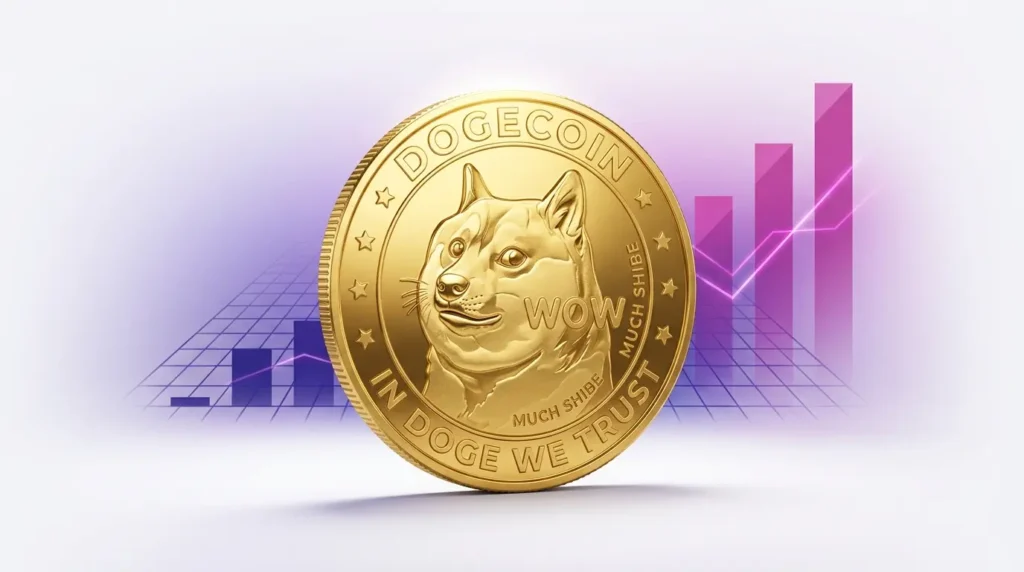 Maxi Doge is poised for a breakthrough as Dogecoin climbs. Discover the latest trends driving this altcoin surge. 3D Dogecoin with purple gradient background and rising chart elements showing price recovery momentum
