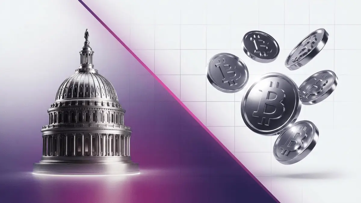 US Capitol and Bitcoin symbols with magenta gradient representing political crypto regulation debate