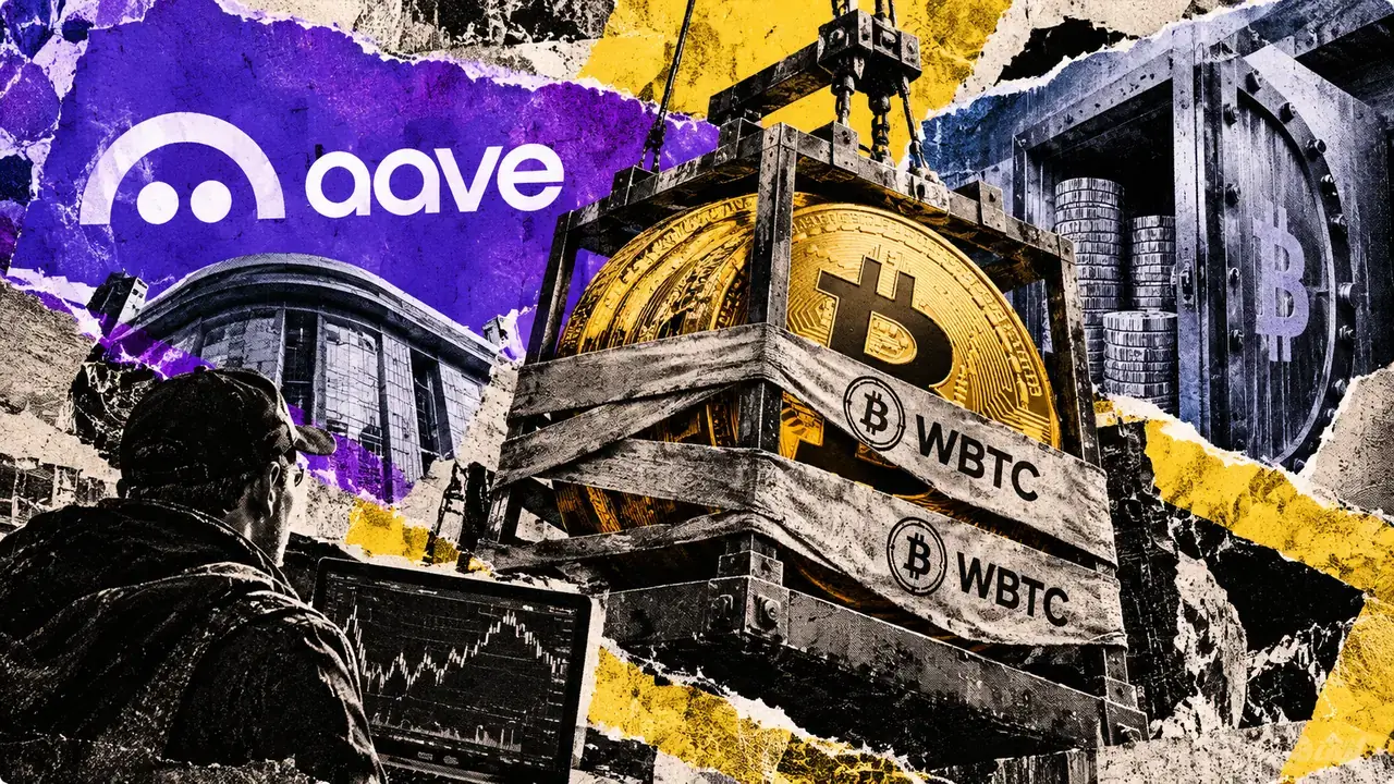 Editorial collage of a Bitcoin symbol secured in an industrial lifting cage with WBTC markings, Aave branding, a vault, and a market observer.