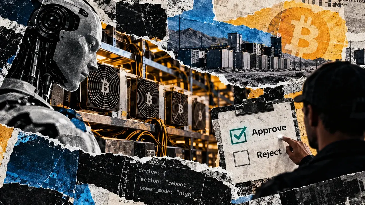 Editorial collage of an AI robot, Bitcoin mining rigs, and a human operator reviewing approval and rejection controls for equipment commands.