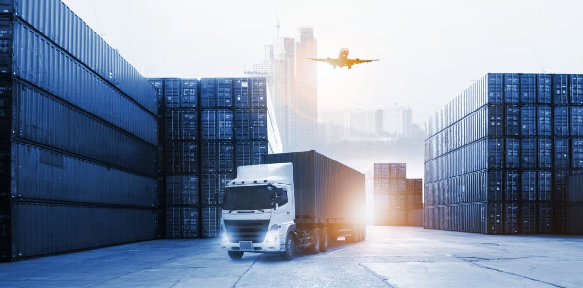 container trucks and cargo planes are part of global logistics system